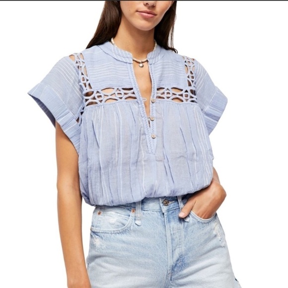 Free People Cedar Lace Blue Pullover Top - Picture 1 of 11